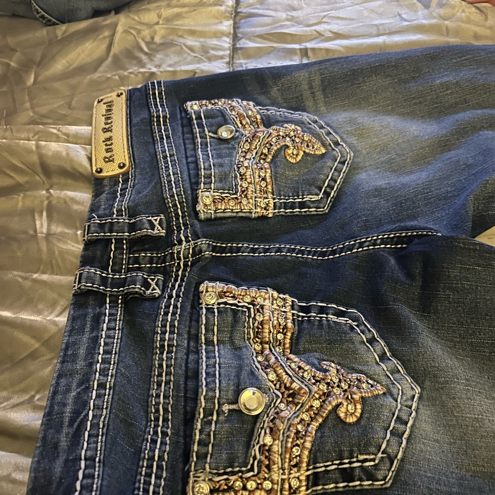 Rock Revival Blue Boot Cut Jeans with Gold Accents